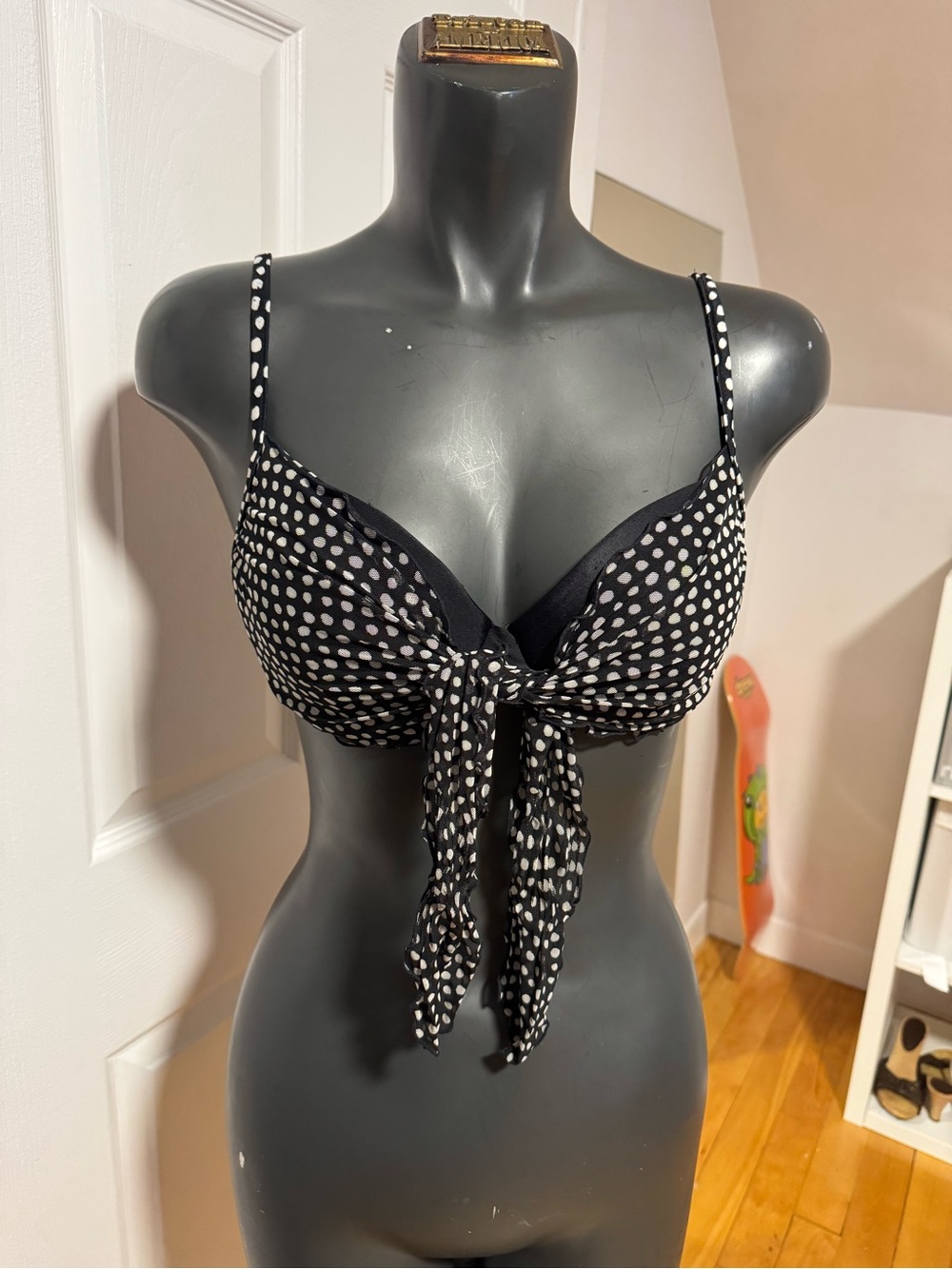 Black Polka Dot Tie-Front Bikini Top